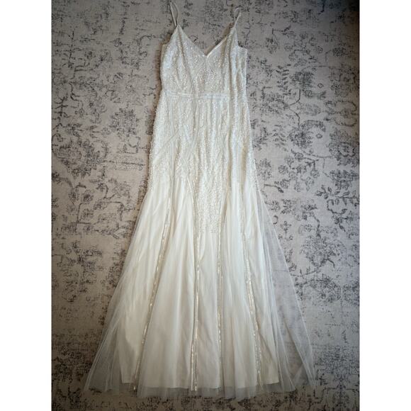 Lulus Just the Beginning White Beaded Sequin Mermaid Maxi Dress Medium V Neck - Picture 5 of 11